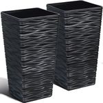 Worth Garden Tall Square Planters for Outdoor Plants Indoor Resin Tree Planter 22 Inch Large Plastic Flower Pots 2 Pack Front Porch Modern Matte Wavy Finish Decorative Black Containers Patio Deck