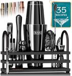 BARE BARREL® Pro Mixology Bartender Set Bar Kit | 14-Piece Boston Cocktail Shaker Set | Professional Barware Mixing Tools for Home Bartending | Stand & 35 Recipe Cards | Gift Set (-Jet Black)