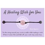 ROSE QUARTZ Wish Bracelet, 'A Healing Wish', Stone Bead and Black Hemp on Printed Card, 12 inches long, Adjustable Unisex Design, Friendship Anklet, Gift for Women