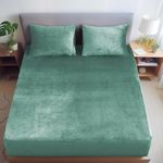 Cloth Fusion 200 TC Warm Winter Elastic Fitted Bedsheet for Double Bed King Size with 2 Pillow Covers, Cozy Woolen Bedsheets for Double Bed (78X72X8 inches, Green)