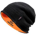 Lvaiz Mens Winter Beanie Hat Warm Fleece Lined Skull Cap for Men Reversible Women Windproof Watch Hat Knit Warm Unisex Beanie, Black+Orange, One Size