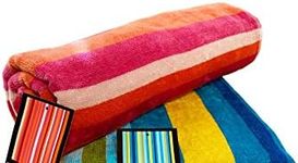 Lex's Linens Pack of 2 Striped Velour/Towelling 100% Cotton Beach Towels (1 X Blue, Green & Ochre & 1 Pink & Orange)