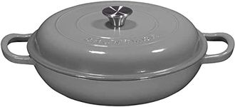 Enameled Cast Iron Shallow Casserole Braiser Pan with Cover, Cast Iron Covered Casserole Skillet 3.8-Quart, Enameled Grey