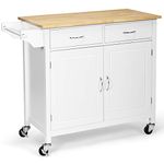 COSTWAY Kitchen Storage Trolley, Rolling Kitchen Island Cart with Rubber Wood Countertop, Adjustable Shelf, 2 Drawers & Towel Rack, Home Restaurant Dining Room Utility Organiser Sideboard (White)