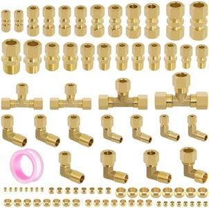 TRUSTKITS 88 Pcs Brass Compression Tube Fittings Assortment, 1/8" 1/4" 5/16" 3/8" 1/2" Compression Pipe Fittings Connector with Sleeves Ferrules, Straight Coupling Adapter, Elbow, Tube Tee