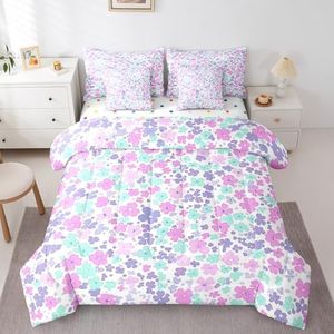 Erosebridal 7Pcs Kids Floral Comforter Set for Girls Crib Colorful Floral Print Bedding King Size, Watercolor Flower Comforter +Flat Sheet +Fitted Sheet +2 Pillowcases +2 Throw Pillow Covers