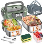 Electric Heated Lunch Box 100W - 3-in-1 Fast Heating Lunch Boxes Portable for Adults, 12V/24V/220V with 2 Pack Containers (Single & Compartment) for Car Truck Office (3 Times Faster), GreenGrey