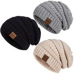 Hatromm Slouchy Beanie Hat Women 3 Pack, Winter Hats for Men Women Oversized Knit Warm, Beanie Hats for Women Thick for Cold Weather(Black+Oatmeal+Dark Gray)