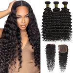 Brazilian Virgin Hair Deep Wave 3 Bundles with Closure Human Hair Bundles Deep Curly Hair Extensions Natural Color Free Part (16 18 20+14)