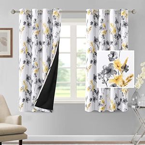 PrinceDeco 100% Blackout Curtains 2 Panels Set Cattleya Floral Printed Drapes Leah Floral Thermal Window Drapes for Bedroom Black Liner Sound Proof Curtains, Grey and Yellow, W132cm x D160cm