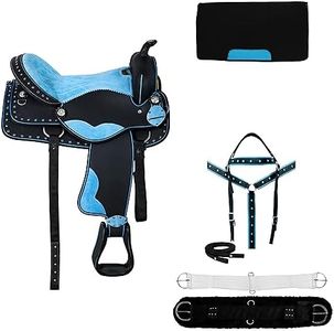 SUPREME SADDLERY Classic Barrel Racing Handmade Western Synthetic Horse Saddle Lightweight High Cantle Barrel Racing Saddle Trail Tack Equestrian Horse Saddle All Accessories (15 Inches, Turquoise)