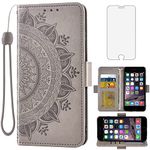 Asuwish Compatible with iPhone 6 6s Wallet Case Tempered Glass Screen Protector Card Holder Flip Cell Phone Cover for iPhone6 Six i6 S iPhone6s iPhine6s iPhones6s i Phone6s Phone6 6a S6 Women Men Grey