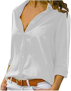 Womens Blouses Dressy Casual,Long Sleeve Casual Plus Size Solid Button Chiffon Shirt Lightweight Trendy T-Shirt 2024 Top Fashion Work Blouse Tees White XXXL