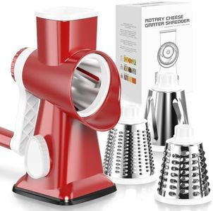 KEOUKE Rotary Cheese Grater with Handle Vegetable Cheese Shredder Slicer Grater for Kitchen 3 Changeable Blades for Cheese Potato Zucchini Nuts Chocolate - RedWhite