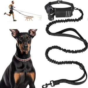 Hands Free Dog Leash, Dog Leash with Poop Bag&Water Bottle&Phone Pouch for Running Walking Hiking, Waist Belt with Dual-Reflective Bungee Handle Shock Absorbing Suitable for Medium Large Dogs