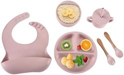 Childlike Behavior Baby Led Weaning Set 6 - Silicone Baby Feeding Set - Pastel Pink Self Feeding Baby Wooden Fork and Spoon, Plates, Bibs - Easy to Grip - Eating Learning Essentials