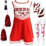 Zombie Cheerleader Halloween Costume for Kids Ages 10-12, Zombie Fancy Dress Outfit for Girls with Pom Poms Tights Red High School Cheerleader Costume and Fake Blood Easy Halloween Kids Dress Up Pack