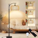 Digiray Boho Rattan Floor Lamps for Bedroom with 3 Color Temperatures, 75'' Farmhouse Arc Floor Lamp Adjustable Height with Shades/Remote Control/12W LED Bulb/360° Rotatable for Living Room, Office