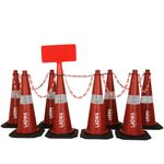 LADWA 750mm Combo of Impact Resistant Road 8 Traffic Safety Cones + 8 mtr chain + 8 Hooks & 1 Sign Plate with Reflective Strips Collar For Road Attention