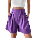 Wide Leg Culotte Shorts | Womens Knee Length Shorts Loose Lightweight Oceanside Summer Beach Yoga Shorts Business Casual Tailored Dress Shorts Wide Leg Pleated Bermuda Shorts Flowy Culottes Purple