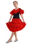 FEESHOW Girls Flamenco Dress Spanish Dancer Costume Fancy Dress Gypsy Bull Dancewear Black&Red B 9-10 Years