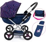 Bayer Design 12754AA Pram Cosy, Baby Doll Stroller, Pushchair for Toddlers, Foldable, incl. Bag and Blanket, Modern, Unicorn Design with Hearts, Blue