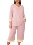 AusLook Women's Plus Size Pajama Set Pink 3/4 Sleeves Shirt and Capri Pants Sleepwear Loungewear 2 Pcs Pj Sets with Pockets 3X