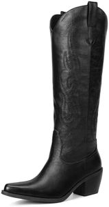 Pasuot Western Cowboy Boots for Women - Knee High Wide Calf Cowgirl Boots, Slip On Pointed Toe Chunky Heel Fashion Retro Classic Pull On Tall Boot for ladies Party concert Black US Wide 7.5