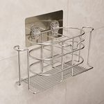 HOKIPO Magic Sticker Series Stainless Steel Bathroom Basin Caddy Organizer, Toothbrush Holder, Pack of 1, Silver (AR-3778)