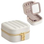 SONGMICS HOME ANAH Collection - Travel Jewelry Box, Small Jewelry Case Organizer with Mirror, 4.1 x 4.1 x 2.4 Inches, PU Surface with Stitching, Portable, Zippers, Gift Idea, Cloud White UJBC179W01