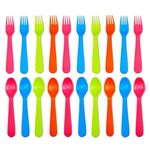 Jawbush 20 Pcs Toddler Plastic Utensils Kids Forks and Spoons Set, Reusdable Kids Cutlery Silverware Set with Bright Colors Ideal for School Lunch Box or Travel, Size Also for Adults, Dishwasher Safe