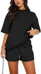 REORIA Women Cotton Short Sleeve Tracksuit Set Crew Neck Solid Color Shirt and Shorts with two Pockets two piece Outfit co ord Sets Black S