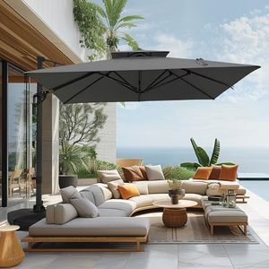 Sophia & William Cantilever Patio Umbrella 10'x 13', Hydraulic Lift Offset Large Outdoor Umbrellas, 2-Tier Hanging Umbrella with 360-degree Rotation, Grey with Base