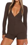 BONITEE Women Long Sleeve Jumpsuit Sexy Workout Yoga Rompers One Piece Tummy Control Shorts Unitard Coffee Medium