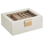 SONGMICS Jewellery Box with Glass Lid, 2-Layer Jewellery Organiser with Removable Tray, Jewellery Storage, Modern Style, Gift for Loved Ones, Cloud White and Metallic Gold JBC238W01