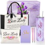 Boss Birthday Gifts for Women, Best Boss Gifts for Women with 20 OZ Boss Lady Mug Canvas Tote Bag Makeup Bag Notebook and 2 Ballpoints Pen, Purple Boss Lady Gifts for Women, Boss Appreciation Gifts