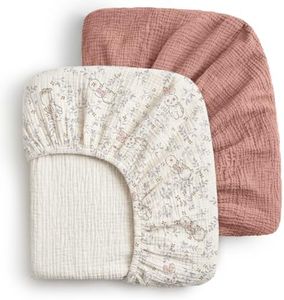 Blissful Diary Muslin Crib Sheets for Girls, Boho Soft Cotton Baby Sheet for 52''x28'' Standard Crib Mattress, 2 Pack(Blush Bunny Floral & Dusty Pink)