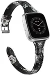 TOYOUTHS Leather Strap Compatible with Fitbit Versa/Versa 2 Bands Women Men Slim Genuine Leather Wristbands Replacement for Versa Lite Edition/Versa SE Classic Accessorie (Black/White Floral)