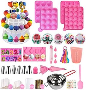 556 Pcs Silicone Lollipop Mold Set,Cake Pop Maker Kit,Baking Supplies with 3 Tier Cake Stand,Chocolate Candy Melting Pot, Lollipop Sticks,Bag and Twist Ties,Decorating Pen and 6 Piping Icing Tips