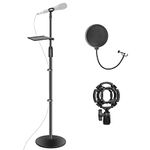 Mic Stand, Universal Floor Microphone Stand for Singing, Weighted Round Base Mike Stand with Pop Filter, Shock Mount, Barrel Mic Holder, Tray, Cable Clip | Adjustable Height form 34" to 71"