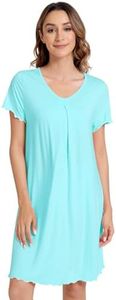 NACHILA Women's Nightgowns-Viscose Made from Bamboo, Soft Short Sleeve Nightgowns Comfy V Neck Night Shirt Cooling Sleepwear Aqua Green XX-Large