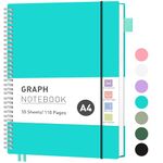 RETTACY Squared Paper Notebook A4 Journal,Large Notepad with Grid Graph Paper 110 Pages Spiral Notebook，PVC Pocket, Pen Loop, Ruler, Bookmark for Women Men Work Office School, 21.5 x 27.9cm- Turquoise