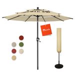 BLUU 9FT 3Tiers Sunbrella Umbrella Market Table Sun Umbrella Aluminum Patio Umbrella with 10-Year Non-Fading Sunbrella Acrylic Fabric Canopy Top with Cover, Antique Beige