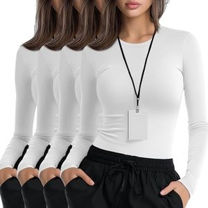 Xaatren 4 Pack Women's Underscrub Shirts Nurse Undershirts Long Sleeve Crewneck Slim Fit Tops Soft Stretchy Basic Tee(White, White, White, White,Large)