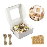 Cupcake Boxes Hold Standard Cupcakes, Kraft Paper Cupcake Holder Bakery Boxes with Window, Togo Cupcake Carrier Container Favor Boxes with Thank-you Stickers and Twine (White 4 holders-36Pack)