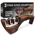 Deer & Oak Knife Sharpener - 3 Stage Manual Sharpener for Sharpening Kitchen Knives - Ceramic Stone, Tungsten Carbide Plates & Diamond Rods - Knife Sharpener UK - Wood Effect Finish