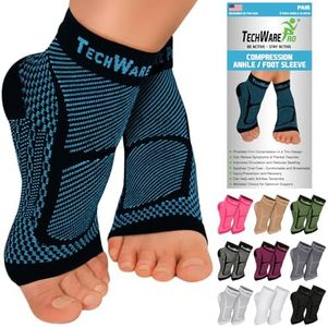 TechWare Pro Ankle Brace Compression Sleeve - Relieves Achilles Tendonitis, Joint Pain. Plantar Fasciitis Foot Sock with Arch Support Reduces Swelling & Heel Spur Pain. (Black/Blue, L/XL)