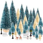 BOUBONI Mini Christmas Tree 35PCS Christmas Village Sets with Christmas Crafts Reindeer Snowmen Benches Street Lamp for Christmas Decorations Indoor Party Home Table Craft (Dark Green, Beige)