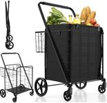 COSTWAY 120L Folding Shopping Trolley on 6 Wheels, Metal Utility Push/Pull Cart with Back Basket, Removable Liner & Anti-Slip Handle, Portable Luggage Grocery Carts for Mobility （with Liner)