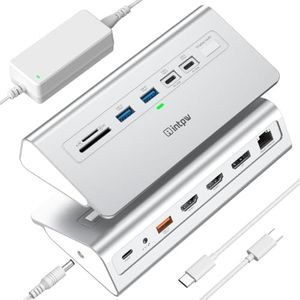 USB C Docking Station 3 Monitor, intpw 13 in 1 Dock with Dual 4K60Hz HDMI, 8K DP, 10Gbps USB A/C, 45W PD, Gigabit Ethernet, SD/TF,Audio,Microphone, 65W Power Adapter + 3.9FT Cable, USB Hub for Laptop